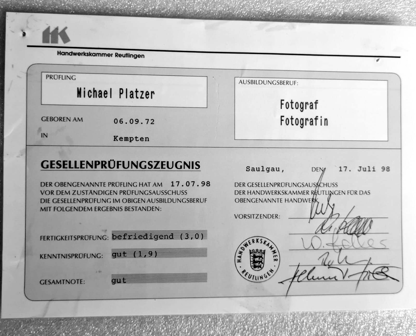 Gesellenprüfungszeugnis, Handwerkskammer Reutlingen: Michael Platzer, Fotograf, 1998